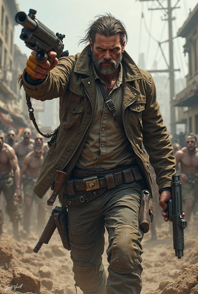a muscular, 30-year-old white man (survivor of a zombie apocalypse world), (a military man wearing lined suits), (strong arms and light brown eyes), (holds a rifle in his hands)