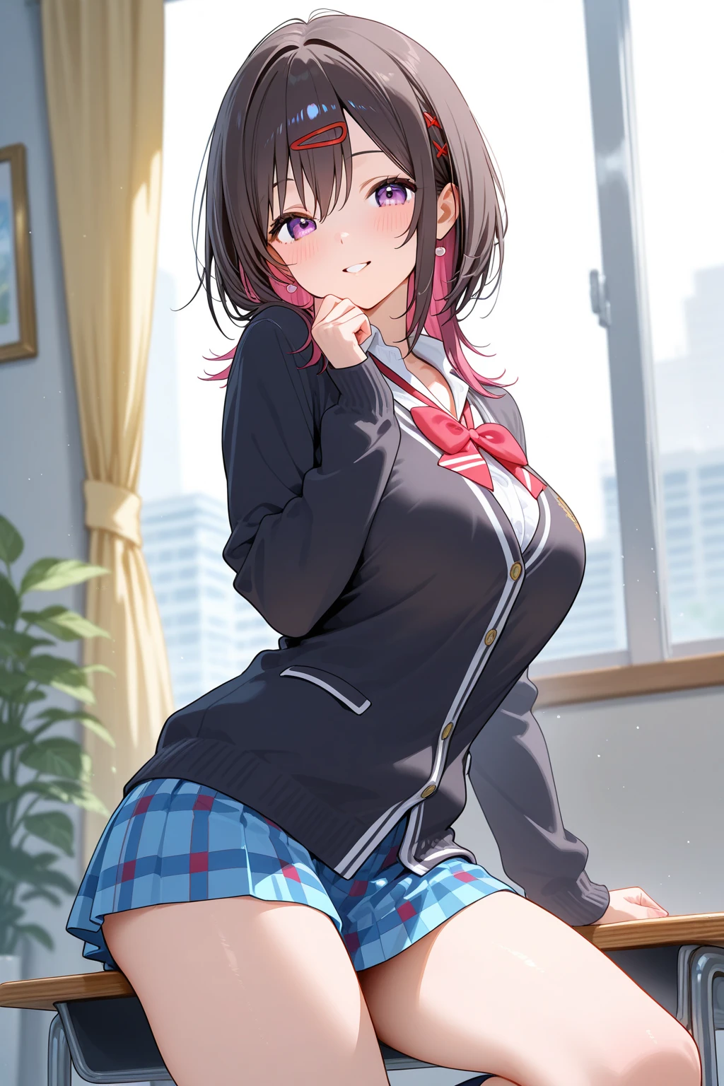 Very detailed、(8k, RAW Photos, highest quality, masterpiece:1.2), (Very detailed 8k wallpaper),shape、Professional Lighting,Sharp focus, Written boundary depth、
Browsing Caution、Clear Eyes、Perfect Anatomy、With a girl、12 years old、Black Hair、Big Breasts、(blush:1.5)、、(Light pink cardigan:1.2)、White collar shirt、bow tie 、Tartan check micro mini skirt、、、,、imminent kiss,(Accentuate your thighs:1.3)、Nap in bed、