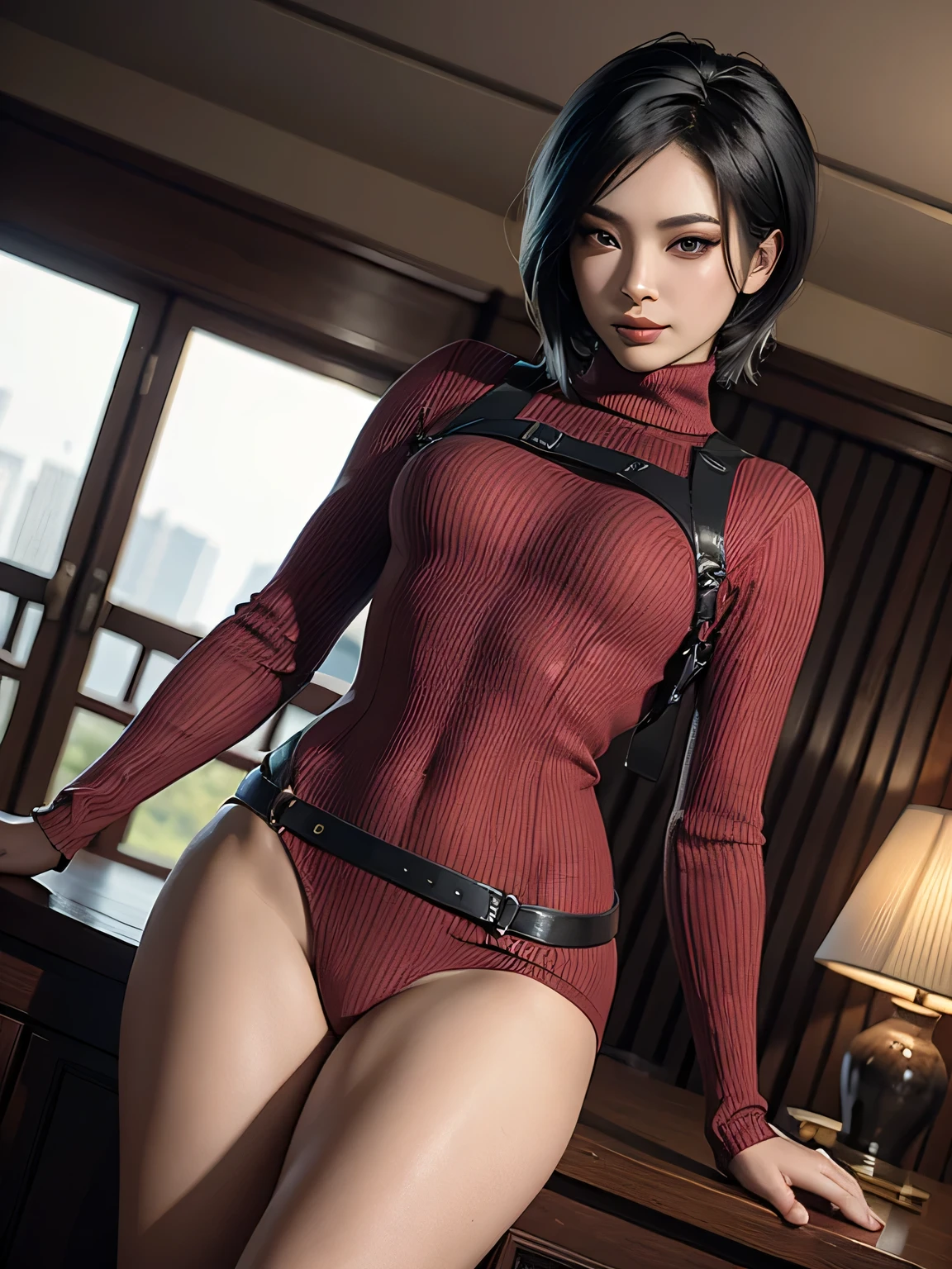 A full body photo shows a Woman,wearing a Helen Parr lingerie cosplay. lying face up, on a bed, muscular body, small shoulder, slim waist, wide hips, thick legs