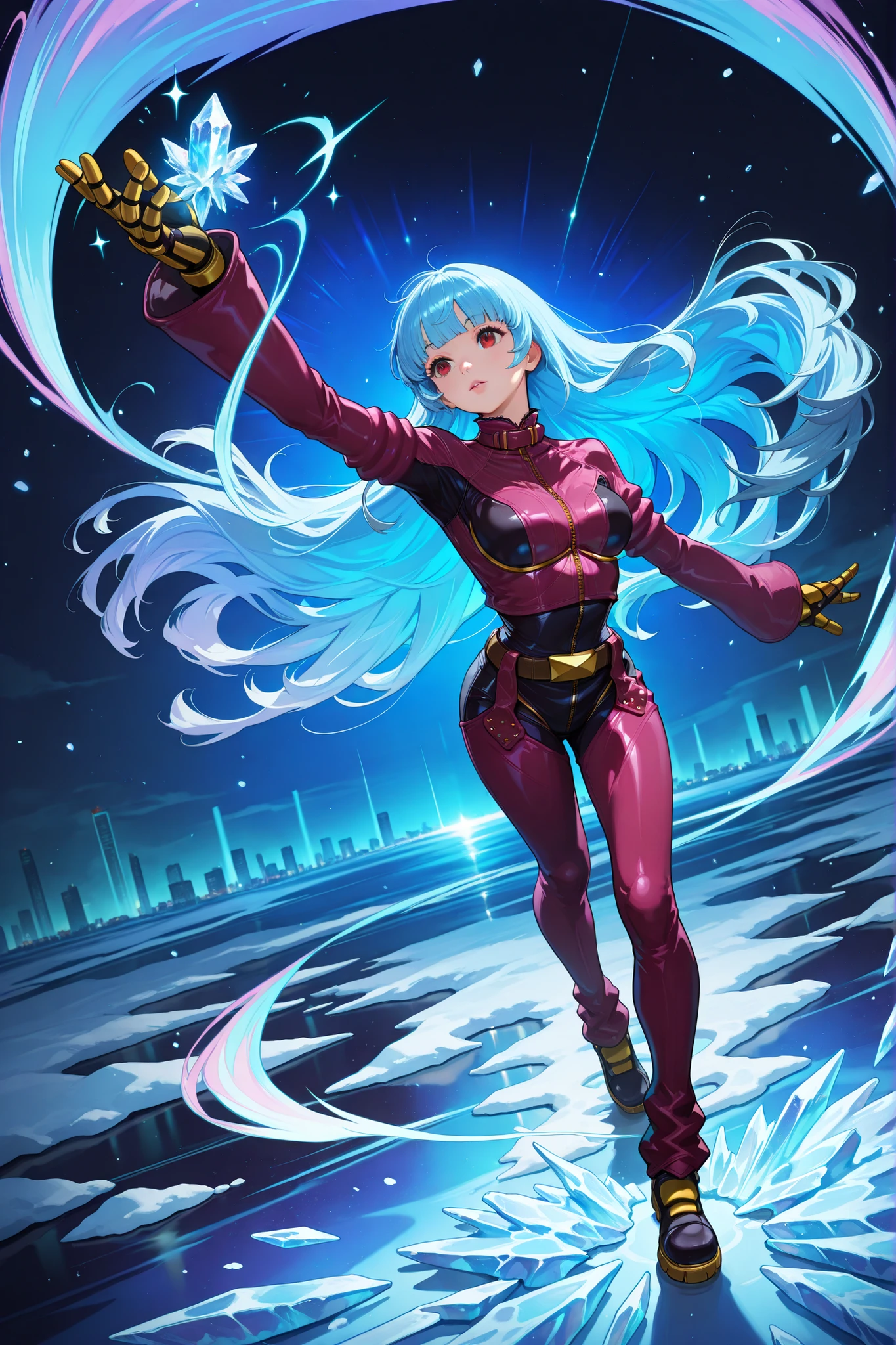 handfixer,screencap, kula diamond, red eyes, blue hair, blunt bangs, long hair,armored gloves, chaps, zipper, belt, cropped jacket, leather jacket, pink jacket, pink bodysuit, multicolored jacket, multicolored bodysuit,Diamond Kula from The King of Fighters, floating gracefully in the night sky above a futuristic city, surrounded by shimmering ice particles and swirling snow magic, her hair flowing in the wind, dark night, flashing lights, casting a powerful ice spell with one hand raised, her other arm extended, beautiful aurora borealis lighting up the deep blue sky, magical atmosphere filled with blue sparkles and cold mist, strong dynamic lighting, snow and frost trails swirling around her, highly detailed anime style, cinematic composition, ethereal lighting, realistic fabric textures, focus on elegance and power, full body, dramatic perspective, cinematic lighting, volumetric lighting, dynamic lighting, the ground is ice, lights on the ground, perfect anatomy, perfect hands, beautiful face.