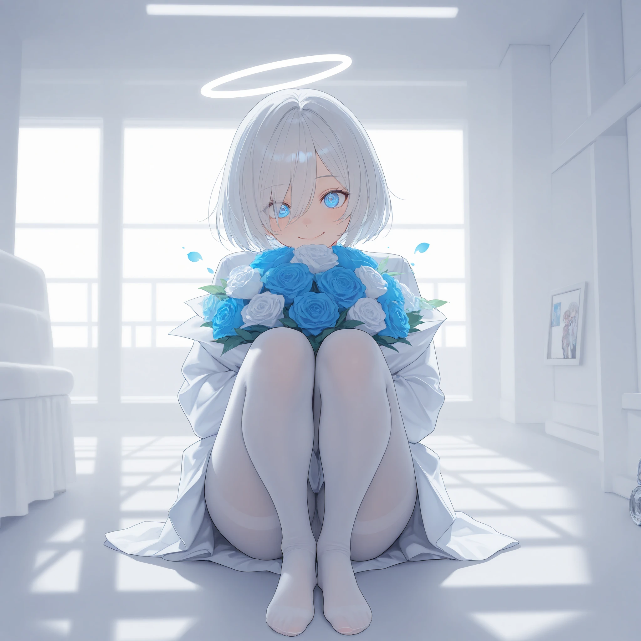 realistic, yorha 2b, masterpiece, full body view, sitting around huge bouquet of flowers, flowers everywhere, (white room backgroud:1.7), white school shirt, white pantyhose, legs together, (legs to chest), cute face, perfect face, detailed face, white hairs,detailed eyes, blue eyes, hd, hdr, best quality, lots of details, ultra sharp, ultra detailed, colorful, (mesmerizing eyes:1.4), (captivating smile:1.3), perfect proportions:1.3), (radiant complexion:1.3), (alluring gaze:1.3), (feminine charm:1.4), (timeless beauty:1.4), (highly detailed:1.4), (sharp focus:1.3), (soft lighting:1.3), (dreamy atmosphere:1.3), (rich color palette:1.3), (complementary colors:1.2), (8k resolution:1.3), (octane render:1.3), (ray tracing:1.2), (HDR:1.2), (photorealistic:1.4), (masterpiece:1.5), (award-winning:1.4), (trending on Artstation:1.3),(global illumination:1.2), (hyper-detailed skin texture:1.4), (enchanting:1.4), (mesmerizing:1.4), (unforgettable:1.3), (masterpiece), (best quality), (ultra-detailed), very aesthetic, illustration, disheveled hair, perfect composition, moist skin, intricate details, concept art, digital artwork, illustrative, painterly, matte painting, highly detailed