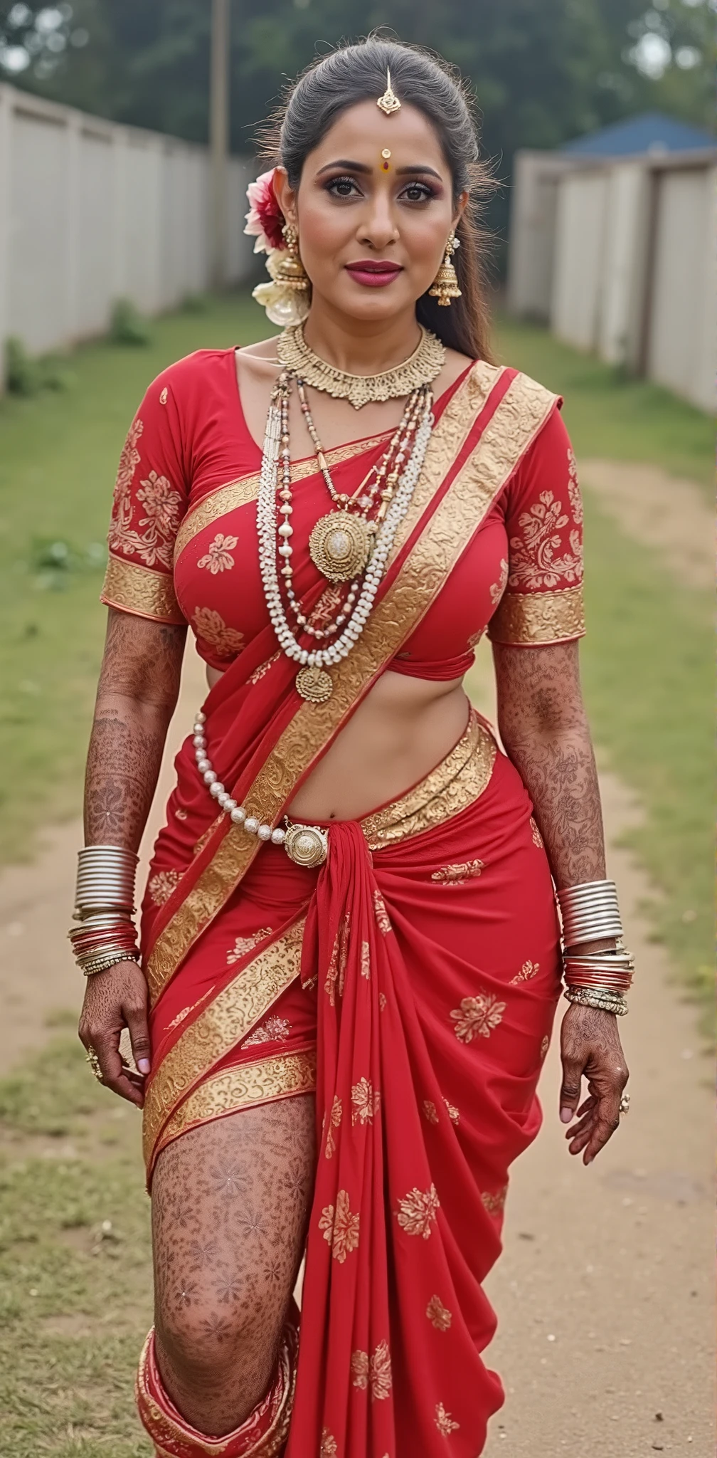 Full BODY , in MEHANDI HENNA ON BOTH HANDS AND LEGS , INDIAN BRIDE,veil on head ,Nose Ring, many white and red bangles in both hands,huge Earings,long Necklace of big gold and black beads and a small pendant on last,belly chain , purple Lipstick , showing her thick thigh ,colourfull pattern nail paint, standing in the middle of village, full body shot,gold anklet on legs,deep cleavage,long nails, flower bun on head,saree, oiled.