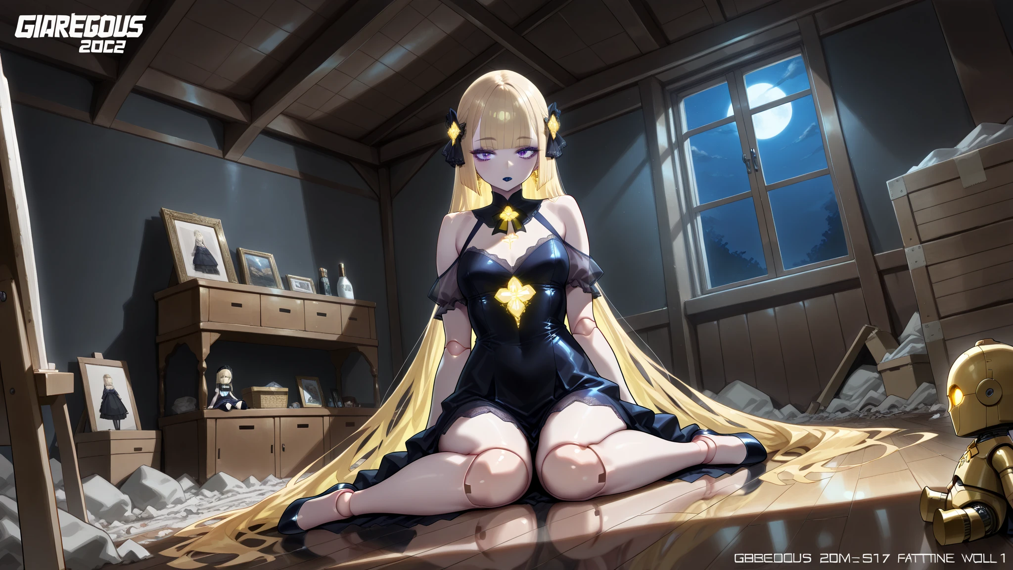 Cleric,blonde hair ,closed eyes ,pointy ears , solo, large breasts, full body,
CleDre,cleavage,cuffs,shackles,bare shoulders,side slit,strapless dress,earrings,
outer space, stars, milky ways, windows, church,
(insanely detailed, beautiful detailed face, masterpiece, best quality) <lora:Cleric:0.8>