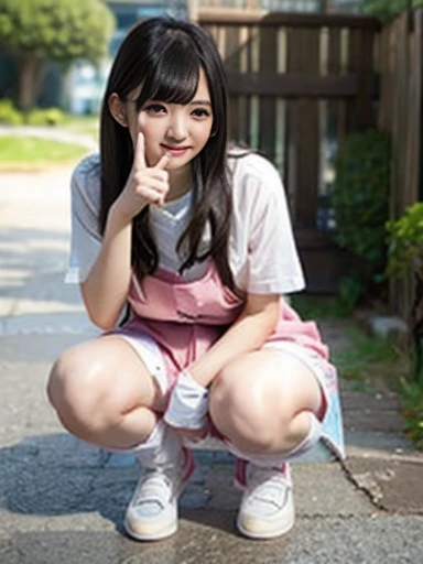 took a full body photo of a Japanese girl wearing a school uniform, the girl sat squatting with her legs spread apart as if deliberately showing her panties, she was squatting on the sidewalk giving a sexy pose with a lewd face, she must have thic and sexy areolas, and black hair, her chest must be big. Please make her look like a typical Japanese school girl in a white blouse, Red bow, Black shoes, knee socks and a very short pleated skirt. captures the natural lighting of the scene with a bright, sunny ambiance. Make sure the photos look authentic、Capture the energy and charm of Japan schoolchildren in a busy urban environment