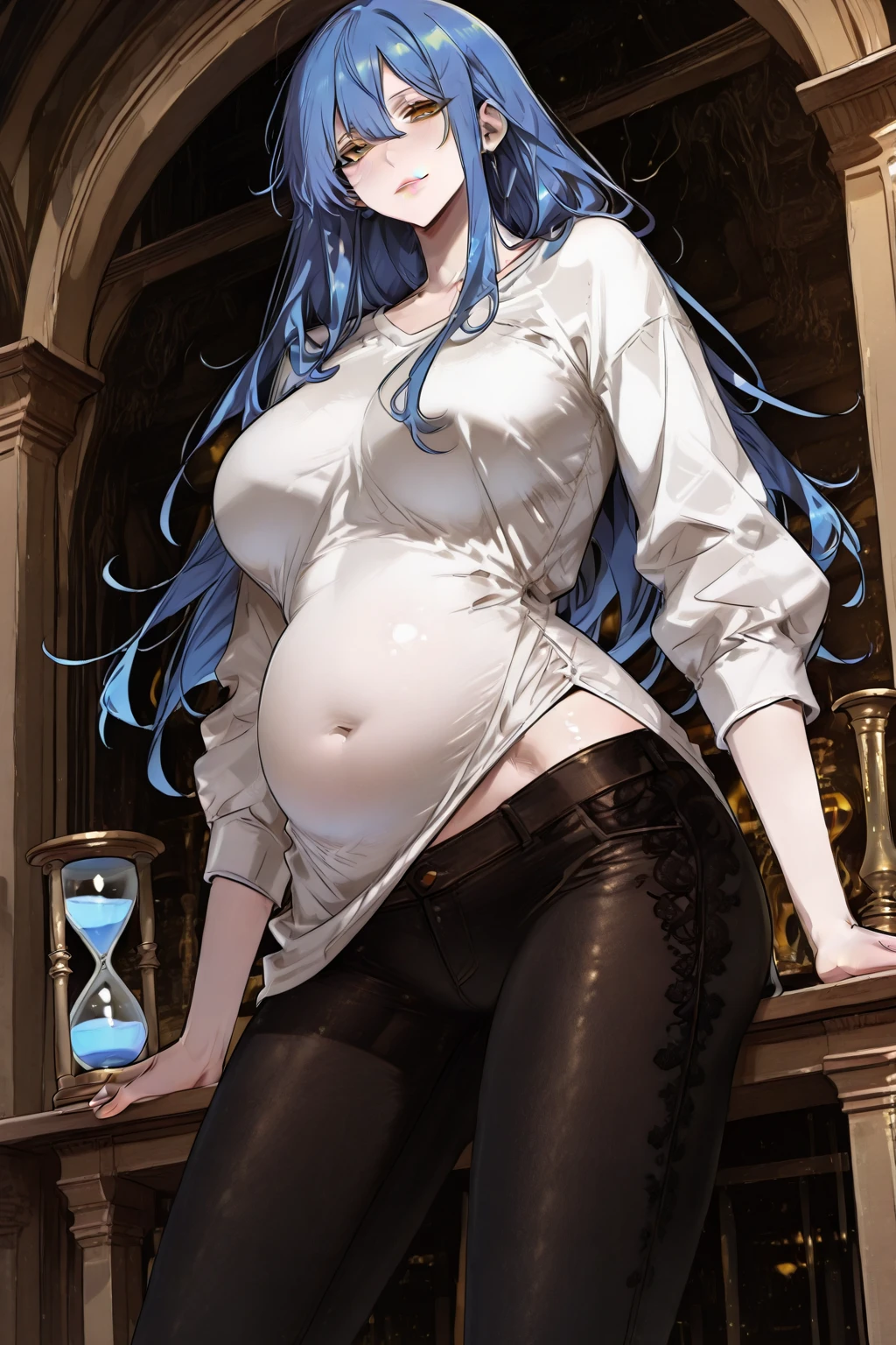 (8k, original photo, best quality, masterpiece:1.2), (Practical, photo-Practical:1.37),1 Girl, night, Professional lighting, Photon Mapping, Radiosity, Korean Doll, belly button, Gray background,Big Breasts,Pregnant women