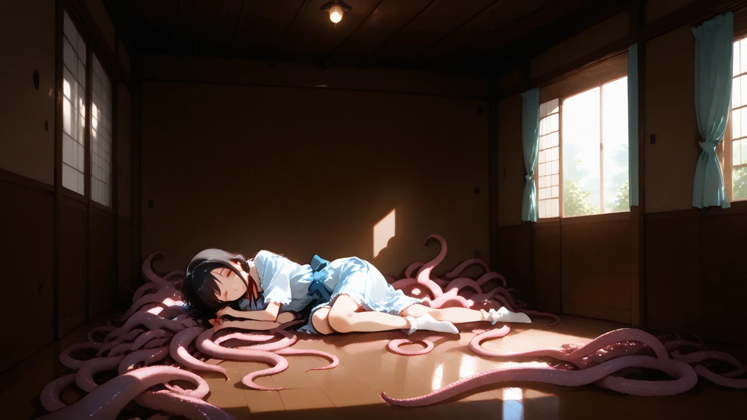 最high quality, masterpiece, High resolution, Dark studio, Edge lighting, Two-tone lighting, (Skin with attention to detail: 1.2), 8k UHD, Digital SLR, Soft Light, high quality, Volumetric Light, Frank, photograph, High resolution, 4K, 8k,
Eat ramen, Cup Noodlesを食べるghost, ghost, Black Eyes, (Sadako:1.5), Hair on the eyes, White dress, Late Night, Broken TV, (Cup Noodles:1.5)