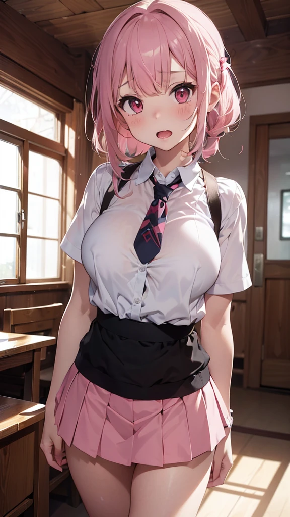 1girl, Onozuka Komachi, touhou, (throw_hand, pink vibrator remote switch in throw_hand, throw:1.2), Highest quality, Super detailed, masterpiece, Ultra-high resolution, 8K, Ridiculous, Cowboy Shooting, Blurred, Focus on the girl, Embarrassing, blush, Lovely, Open your mouth, What saliva leaves behind, Wet skirt hem, (Sticky panties:1.1), Bulging of the vibrator cord, Vibrator with Garters, (cleavage), Classroom Background, The skirt is accidentally exposed,(large breasts), (crop top navel), (waist line), Accidentally exposed panties