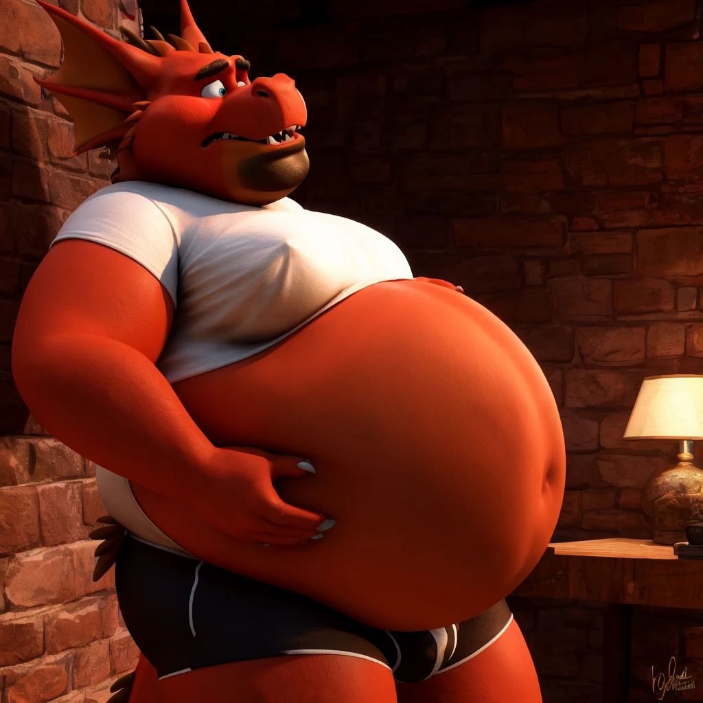 ultra high quality, hi res, beautiful shading, Foxy the pirate, eyepatch,eyes half open, staring at viewer seductively, standing on a stage, red curtains, wearing only a red thong, hands on hips, genitalia bulge, morbidly obese,((590 lbs.)), by ((ASaneMan)),((femboy)), wide hips, hyper thighs, massive ass, hour glass body shape, full body, massive pecs, massive muscles, muscle gut, vore belly, squirming inside belly