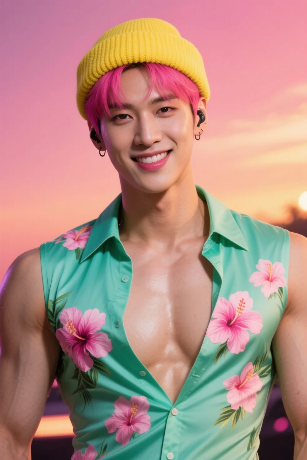 young teen boy shirtless in speedos, sitting on big balloons, slim body, surrounded by green balloons, short silver hair, balloon room