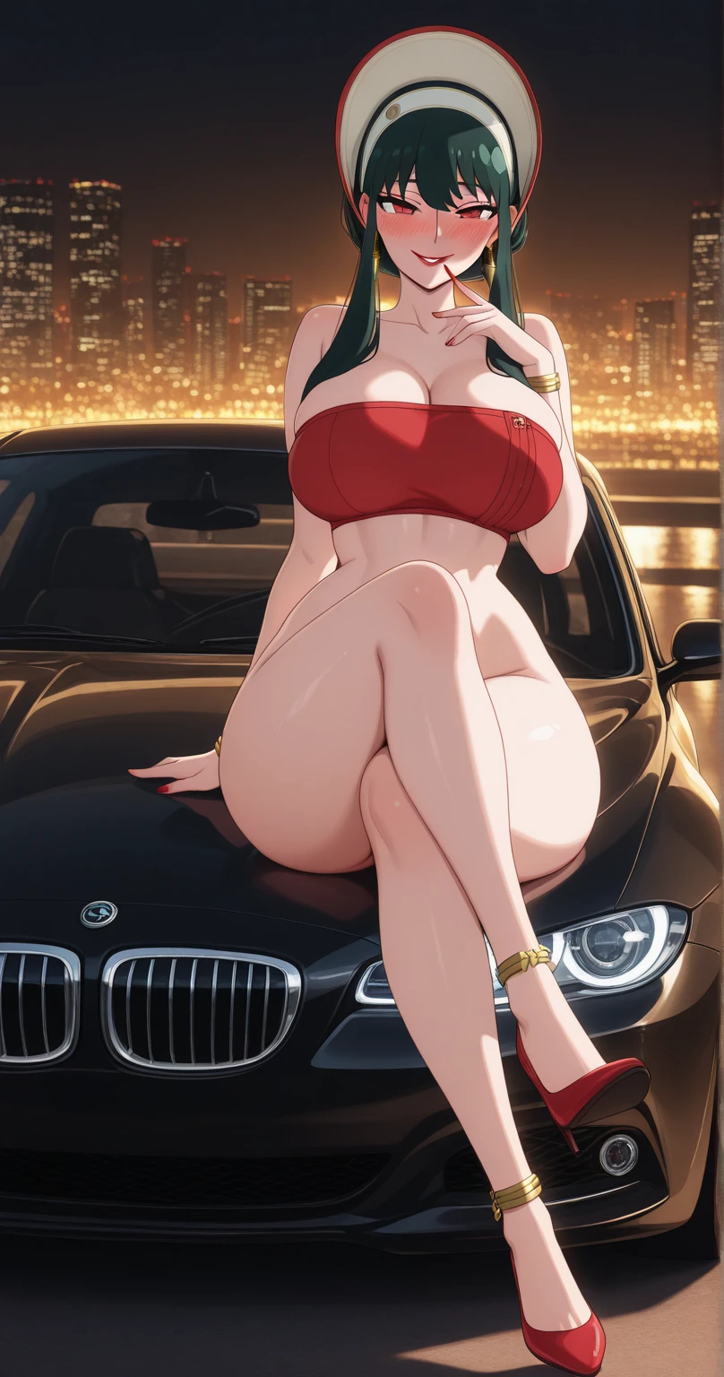 (best quality,4K,8k,high resolution,masterpiece:1.2),super detailed,(actual,realistically,realistically:1.37), Ultra high definition face, Woman in frilled dress for photo, seduct smile, attractive girl, jaw-dropping beauty, Thin waist and thick hips, hourglass figure, fitness model, rosy cheeks, Alluring with a smile, (((sit on ther car))), car, underboob, white highcut sneaker