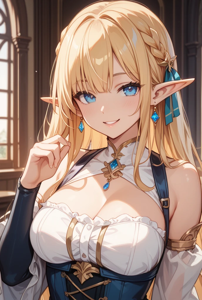 (watercolor: 1.2), elf, light yellow hair, short hair, light blue eyes, hair between eyes, high resolution, large breasts, full body, showing navel and thighs, happy expression, fantasy, in a medieval inn --auto --s2