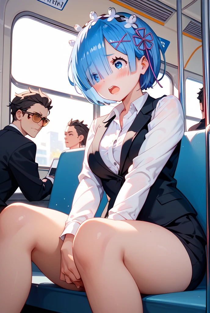 NSFW,Hoshimachi Suisei,blue eyes,blue hair,choker,hair between eyes,medium hair,side ponytail,スターchoker,small breastasterpiece:1.2), highest quality, High resolution,(detailed and beautiful eyes:1.6),(perfect hands, perfect anatomy),(((masterpiece))),((highest quality)),embarrassed face,blush,teeth clenched,whole body,black cropped shirt,hot pants,Blue panties,Panty shot,belly button,cleavage,1 male,being molested,My chest is being touched from behind by a middle-aged man,crowded train