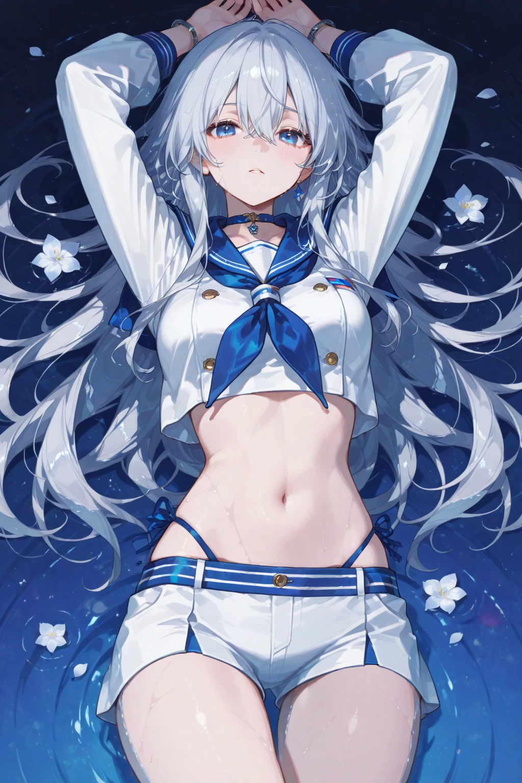 White hair,Blue streaked hair、navel、Combat Uniform、Naoken