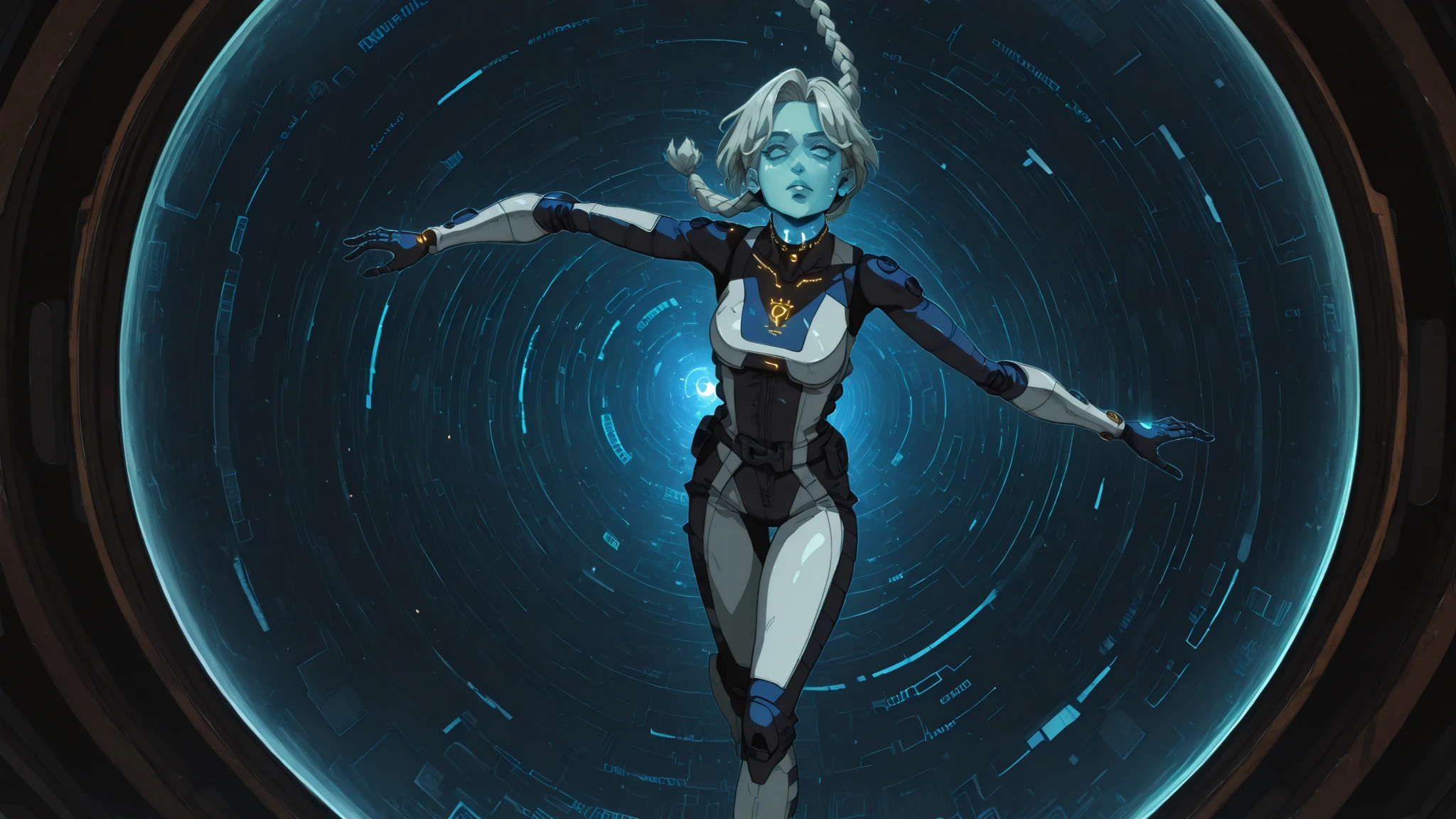 Dive shot（Simulated falling），focal length：fisheye deformation。2D digital cartoon x cyberpunk painting style，thick lines and semi-realistic face， Hand-painted grainy ，Digital noise（reference《Love to die》 S3E3 painting strokes ）。
character：brown medium length hair， short white gold hair（mechanical braided hair on the left side， With micro-luminous circuit ），high-neck tactical suit with reflective material，The metal plate on the chest says「VII-404」，The left arm is a liquid metal prosthesis with a deformable flowing mercury texture，Glowing tattoo on the neck，The spine has 3 pulses of blue light neural interface，knee joints are exposed mechanical bones。middle-aged woman
Storyline：A middle-aged woman falls from a height，face gradually pixelated，The protagonist's liquid left hand comes into contact with the middle-aged woman's right hand and causes data ripples
scenes：infinitely extending green code waterfall，incl「TERMINATE?」Popup ，The fall trajectory is marked with a thick arrow line