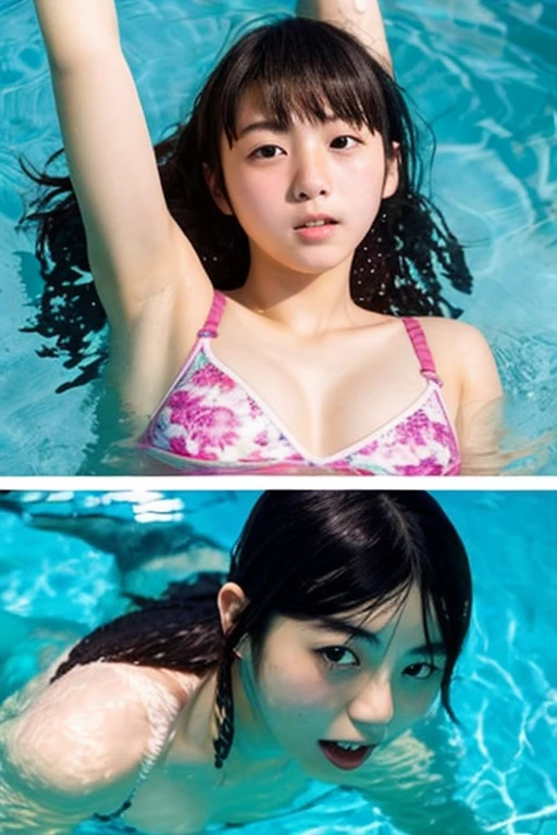Young Japanese women、Swimwear、Blindfold、Raising the stick、Sea beach、Whole watermelon、Watermelon Smashing、 (water is gushing out), The waves are coming and going