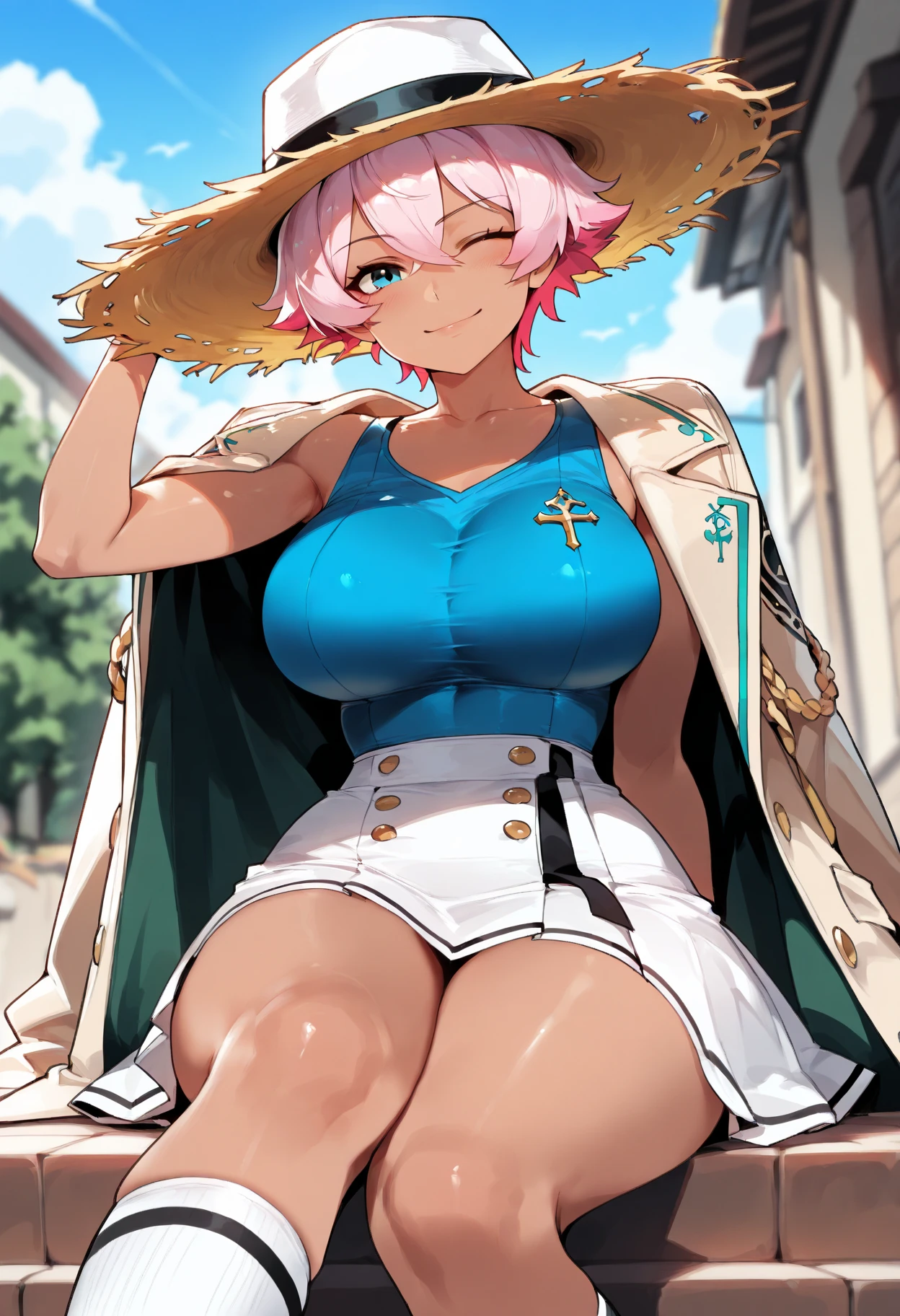 (cutesexyrobutts:0.9), (score_10, score_9_up, score_9, score_8_up, score_7_up, score_6, score_5, score_4, source_anime), (digital painting), (fine line work), (best quality), (extremely detailed), (highest quality), (intricate linework), (intricate details), more detail XL, 1girl, solo, cowboy shot, nakano nino, pink hair, butterfly hair ornament , cleavage, medium breasts, original outfit (hat, jacket (open) ,eyewear on head) , outdoors, smile, model poses