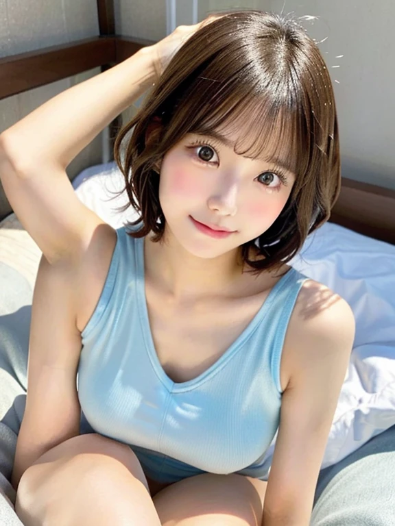 One girl, Fluffy short hair,Black Hair,smile,Inside the room, summer,navy blue,button,Tank top,Bed,Lying on your back,Innocence,Baby Face,6th grade elementary school,Look here,A small cleavage on the chest,transparent, (masterpiece, Highest quality), Soft Light, Structure of the film, Like a movie