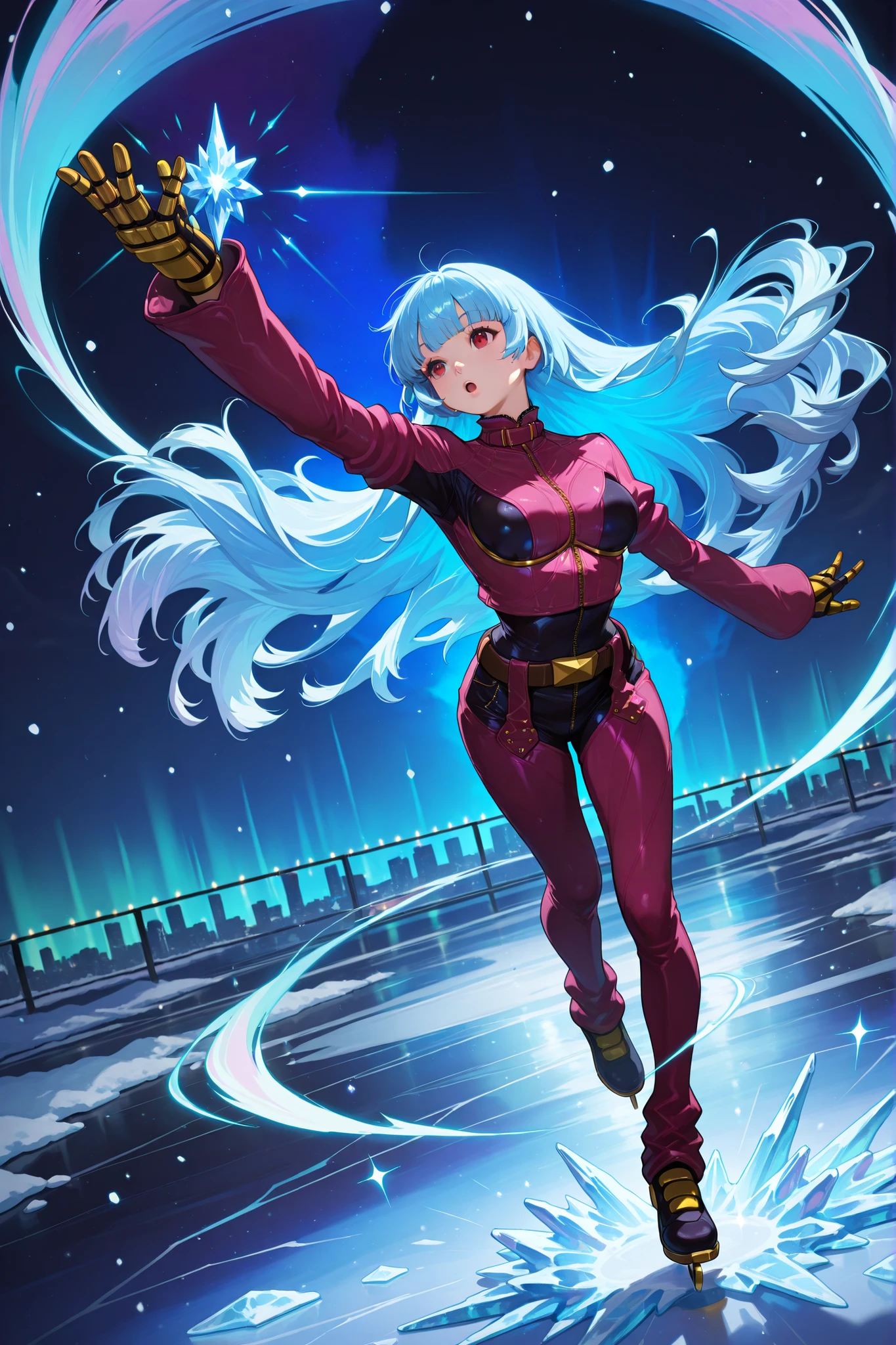 jumping, skipping, ice skating., handfixer,screencap, kula diamond, red eyes, blue hair, blunt bangs, long hair,armored gloves, chaps, zipper, belt, cropped jacket, leather jacket, pink jacket, pink bodysuit, multicolored jacket, multicolored bodysuit,Diamond Kula from The King of Fighters, floating gracefully in the night sky above a futuristic city, surrounded by shimmering ice particles and swirling snow magic, her hair flowing in the wind, dark night, flashing lights, casting a powerful ice spell with one hand raised, her other arm extended, beautiful aurora borealis lighting up the deep blue sky, magical atmosphere filled with blue sparkles and cold mist, strong dynamic lighting, snow and frost trails swirling around her, highly detailed anime style, cinematic composition, ethereal lighting, realistic fabric textures, focus on elegance and power, full body, dramatic perspective, cinematic lighting, volumetric lighting, dynamic lighting, the ground is ice, lights on the ground, perfect anatomy, perfect hands, beautiful face.