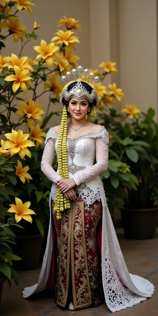 Very beautiful bride wearing Sundanese wedding dress, Standing gracefully beside the alamanda flower,   romantic scene  , professional photography effect, 