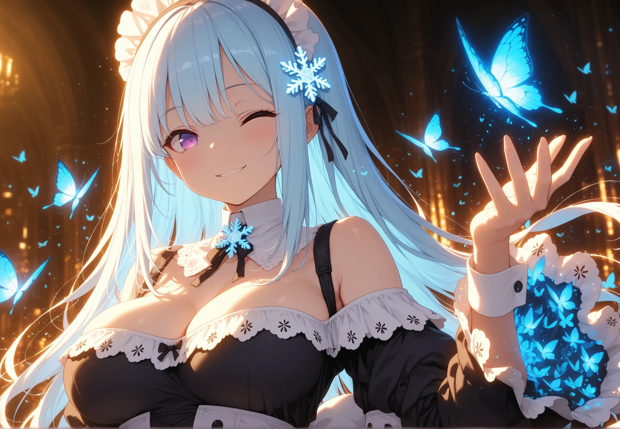 ((master piece)),(best quality),amazing,beautiful,(extremely detailed CG unity 8K wallpaper),depth of field,bedroom,forest out of window,cleavage,on bed,1girl, solo, thighhighs, bare_shoulders, jewelry, white_legwear, crown,flower,blue_flower,symbol-shaped_pupils,hair_ornament