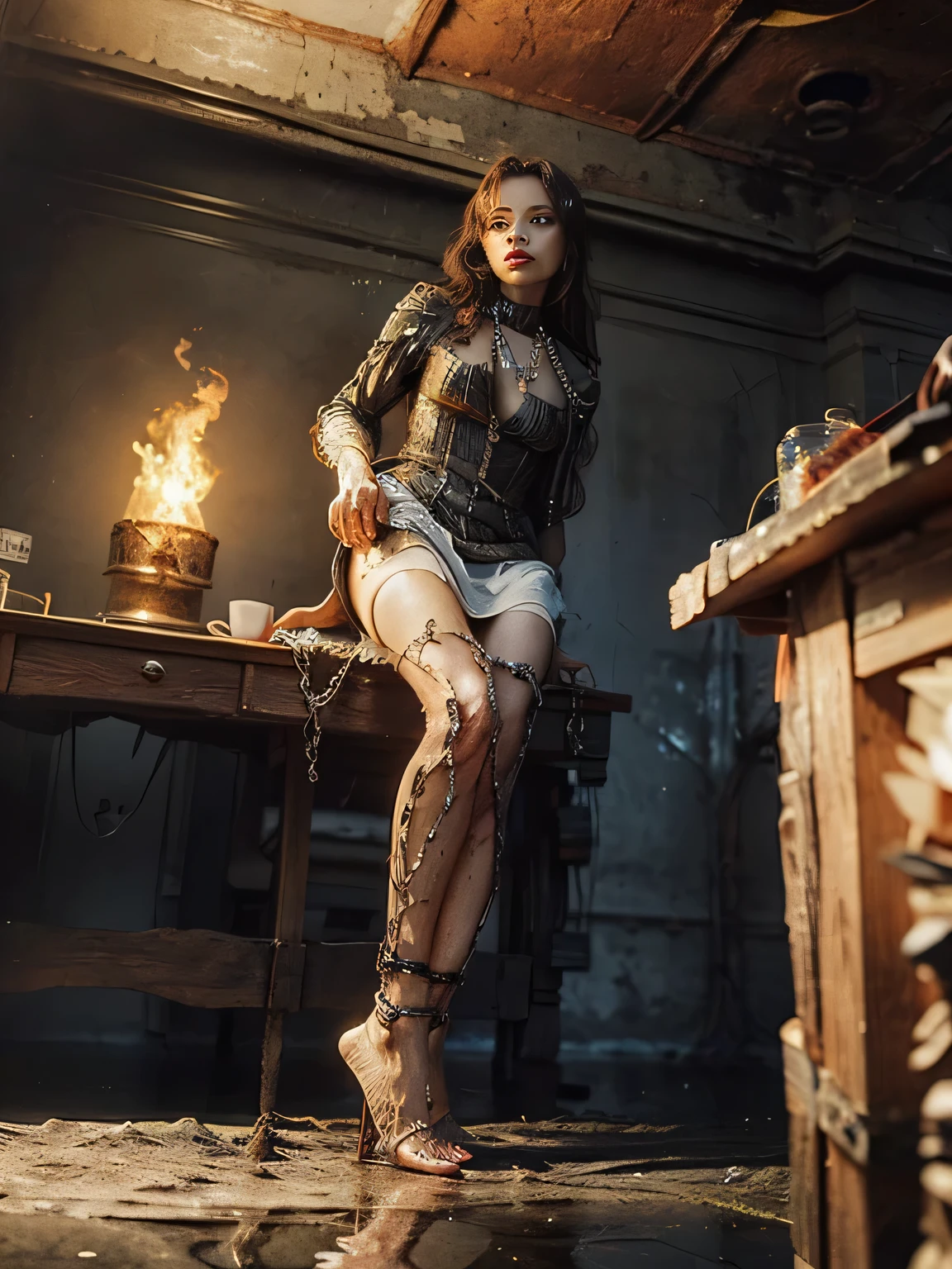 1 girl, big, tears, blush, agony, (((wet skin)), bright red Hitomi, indoor, (on_back), crotch, bottomless, avrola prisoner, torn clothes, see-through clothes, metal collar, shackles, slave, chains, shackles, world of marquis de sad, best quality, masterpiece, ultra high res, (photorealistic:1.4), RAW photo