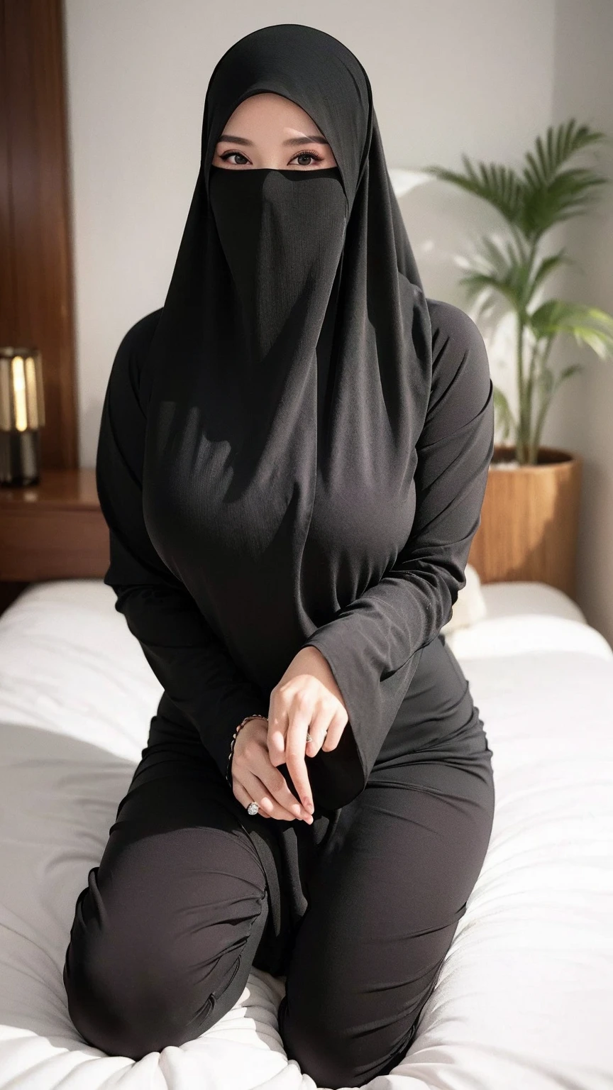 8K, high quality, nice lighting, soft lighting, realistic, dark eyes, sexy, big breasts, thighs, wide hips, arabic dress, black dress, Jewelry, sexy lady, asian, hijab, niqab, sexy pose, showing big thighs, nice body, natural largest breast, wearing rings for woman, office girl, sexy posing, hand sock, mature woman