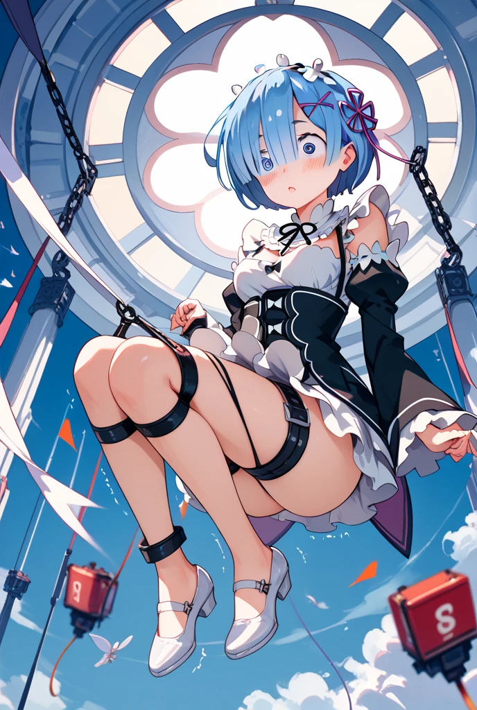 (1girl) full body portrait, 
 aarem, short hair, maid headdress, x hair ornament, hair ribbon, hair over one eye, large breasts, frills, neck ribbon, cleavage,, detached sleeves, , white pantyhose,  blue eyes, feet
blush, flushed, looking at viewer
 (suspension,spread legs, rope, shibari, bondage, ropes, suspended, midair,  bound arms,  arms behind back, restrained, nsfw, bdsm, in air,  hanging, legs spread, panties, excessive rope, lots of rope, black rope),  midriff, exposed breasts
dungeon, dark room, sex dungeon, black accents
scared expression, open mouth  dildo, anal, penetration, dildo in butt, uncensored, cum, black dildo, orgasm, cumming, dripping,, Masterpiece, high quality, 8k, sharp focus, beautiful, perfect lighting, beautiful eyes, anatomically correct, anatomically correct face, extremely detailed eyes, RAW image, smooth edges, beautiful face, symmetrical eyes, symmetrical face