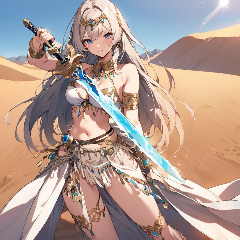 Final Fantasy Tactics Characters, mystical atlantean valkyrie, Mysterious Valkyrie,Close-up of a girl holding a sword,whole body ,Full breasts,Fit your body, Ultra-detailed fantasy characters, Complex and beautiful anime CGI style, Suitable for a white-horned succubus, 4k detail fantasy, Highly detailed iconic characters, Handsome Biomechanical Elf, Complex fantasy characters, High detail and very sharp and intricate art. Octan Rendering, 3D rendering 8k character art , desert , ruins of a castle