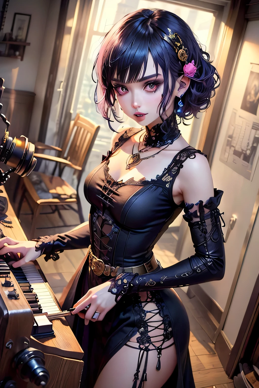 (Stand in front of a vintage dressing table, Facing, oil burst , dark tone.), BREAK
( Carefully Crafted , each has its own steampunk-inspired instrument, a place with young people, in a steampunk-style costume made of brass. adorned with delicate bones and black roses Intricate , intricate cogs can be seen everywhere、has 3 band members around her. adorned with delicate bones and black roses, includes goggles and countless gears and levers. Vivid from the steampunk musical group It would depict, Brass accents and tubes,A marvel of steampunk engineering with brass pipes and valves visible. steampunk-style cityscape, in a visually appealing setting, and a dark-haired keyboard player is in the center、she's futuristic, a drummer with a brass and wooden drum set with gears and gears. This detailed illustration was taken with、steam erupts from a towering machine、They have pink and black hair and dark gray eyebrows.), BREAK
(They have pure white hair and dark gray eyebrows, waist-length wavy hair, small pink lips , Lavender Eyes, Dark purple skin, long eyelashes, dark eyeliner. smile.), ( she says 、I have a necklace with multiple charms wrapped around glowing blue fibers, And jet black , Lace-up dress with crimson lace ruffles with futuristic decorations. she says 未来的な黒いサンダルを履いています.)