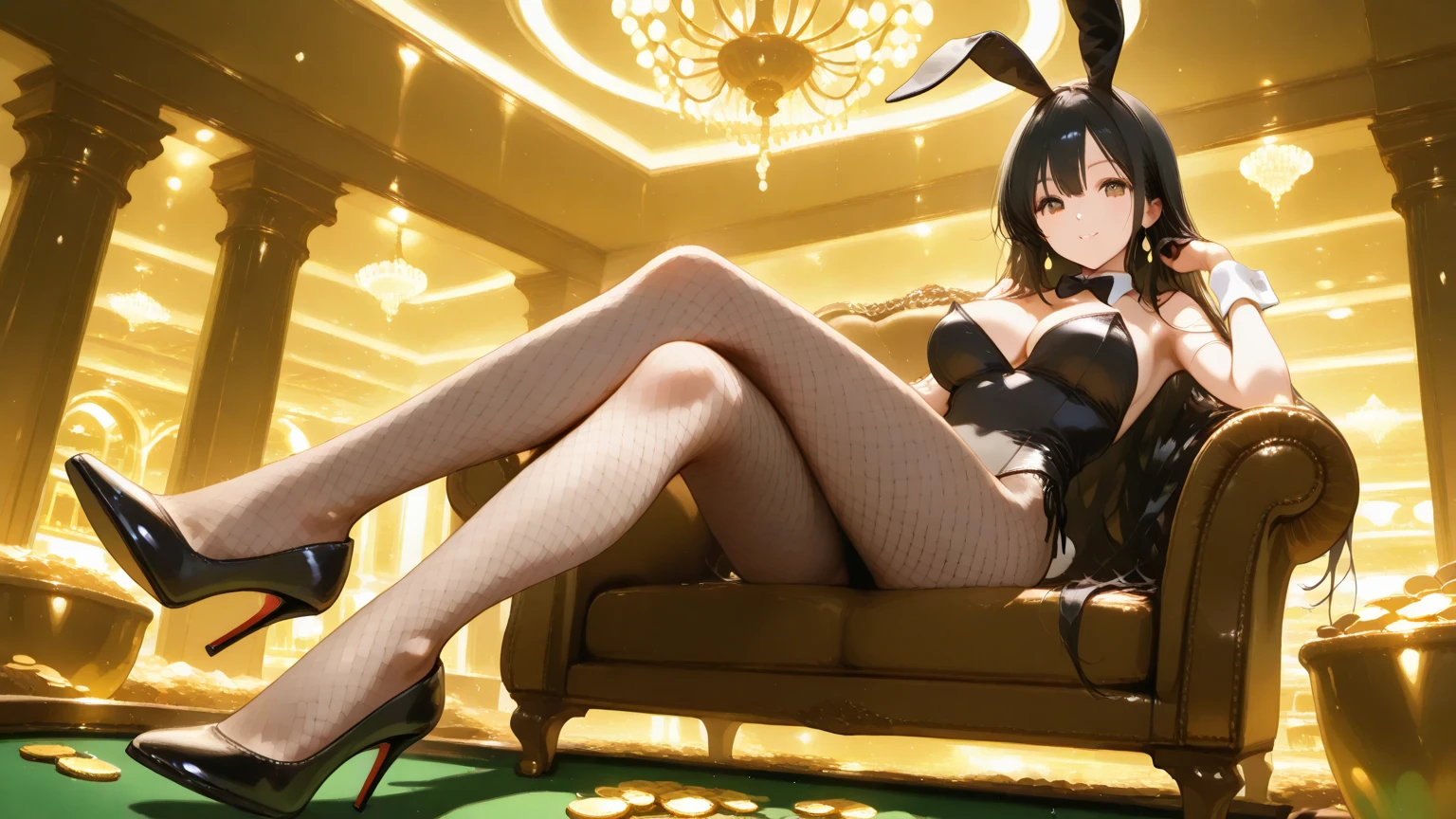 (masterpiece:1.2, best quality), 1milf, solo, big butt, open legs, squatting , black bunny girl, back focus, darkskin, Casino, back view, brilliant lighting