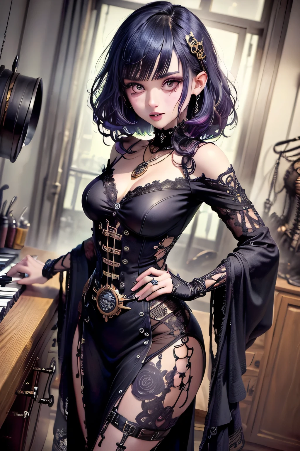 (Stand in front of a vintage dressing table, Facing, oil burst , dark tone.), BREAK
( Carefully Crafted , each has its own steampunk-inspired instrument, a place with young people, in a steampunk-style costume made of brass. adorned with delicate bones and black roses Intricate , intricate cogs can be seen everywhere、has 3 band members around her. adorned with delicate bones and black roses, includes goggles and countless gears and levers. Vivid from the steampunk musical group It would depict, Brass accents and tubes,A marvel of steampunk engineering with brass pipes and valves visible. steampunk-style cityscape, in a visually appealing setting, and a dark-haired keyboard player is in the center、she's futuristic, a drummer with a brass and wooden drum set with gears and gears. This detailed illustration was taken with、steam erupts from a towering machine、They have pink and black hair and dark gray eyebrows.), BREAK
(They have pure white hair and dark gray eyebrows, waist-length wavy hair, small pink lips , Lavender Eyes, Dark purple skin, long eyelashes, dark eyeliner. smile.), ( she says 、I have a necklace with multiple charms wrapped around glowing blue fibers, And jet black , Lace-up dress with crimson lace ruffles with futuristic decorations. she says 未来的な黒いサンダルを履いています.)