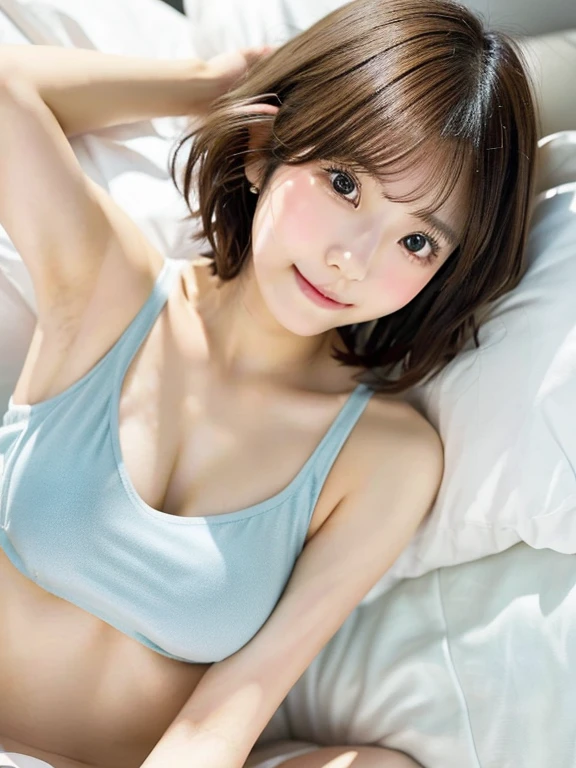 top-quality、Face Focus、softlight、(depth of fields)、超A high resolution、(Photorealsitic:1.4)、Raw photography、(portlate:1.4)、(from side) 1 Japan Girls、独奏、cute little、(full of shyness、A smile: 1.1)、(Brown-eyed)、detailed beautiful faces、(Shorthair)、a bed、barechested