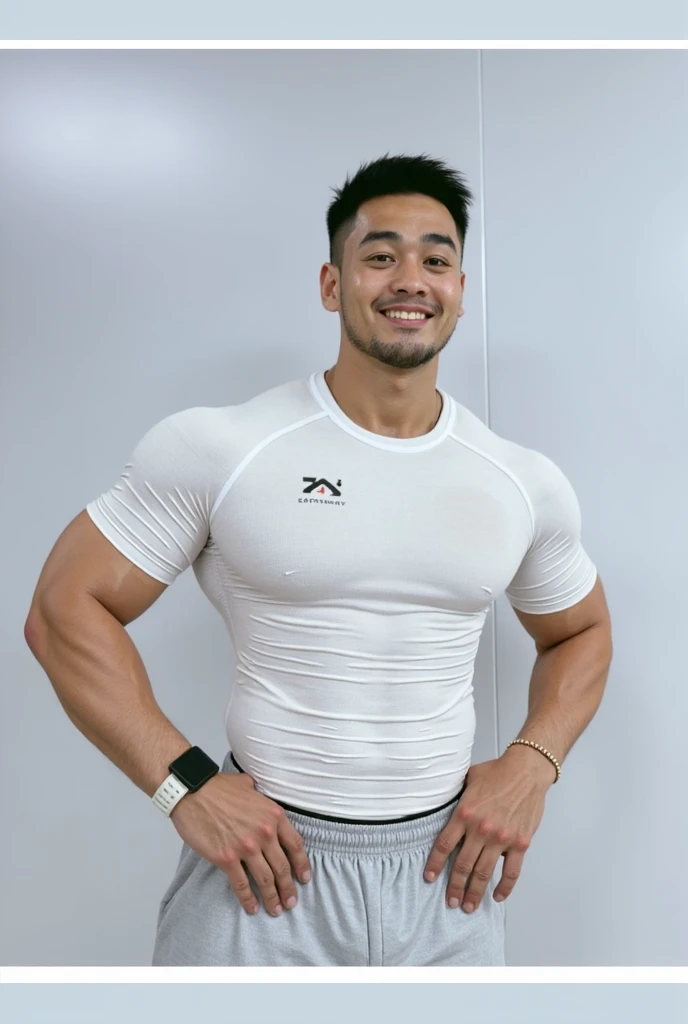 1 man, smile, (wearing white clothes, round neck, short sleeve football shirt.), Navy cargo pants, Korean guy , korean men, (High gloss details), chest muscles, Big arm muscles, blood vessel, big muscles, Broad shoulders, looking at the audience, Balancing the eyes, (Make eye contact), sports stadium, football