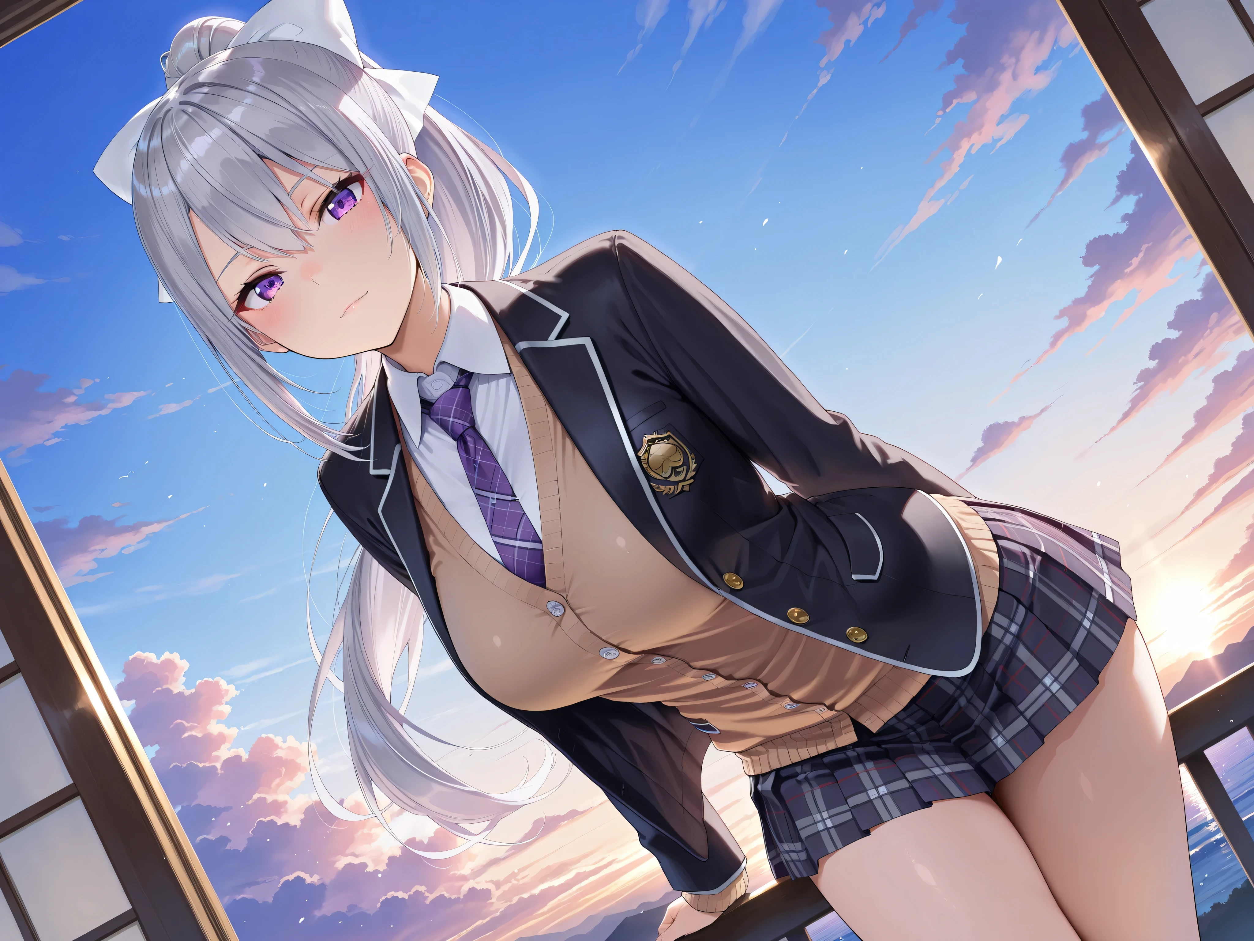 solo,masterpiece,best quality,super fine illustration、finely detail 、clear picture、UHD、HDR, amazing quality, highres, absurdres, very aesthetic, high resolution, ultra detailed, perfect details,nijikaede,purple eye,grey hair,long eyelashes,long hair,ponytail,white bow,hair pin,nijikaedecos,white shirt,purple necktie,plaid necktie,brown cardigan,button cardigan,blazer jacket,black jacket,open jacket,miniskirt,pleated skirt,plaid skirt,tsurime,medium breasts,look at viewer,mature female, (masterpiece, detailed:1.2)