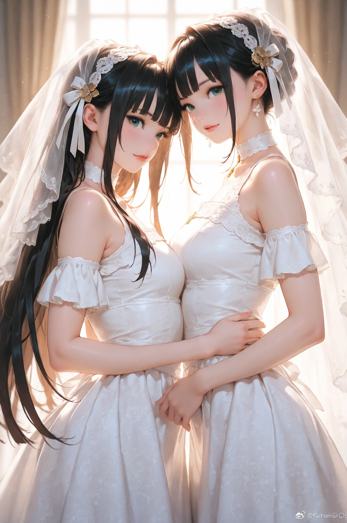 masterpiece, ((Highest quality, Detailed and realistic 3D))、wedding、(Two cute、A good friend、Standing side by side、kawaii:1.3、13 years old、smile、smile、Mr.々Hair style、pubic hair、Smaller breasts)、(((Full nudity、Exposing the breasts、Pussy)))、(Realistic and detailed skin texture、pale pastel wedding dresses:1.2、hair ornaments、Veil、See-through)