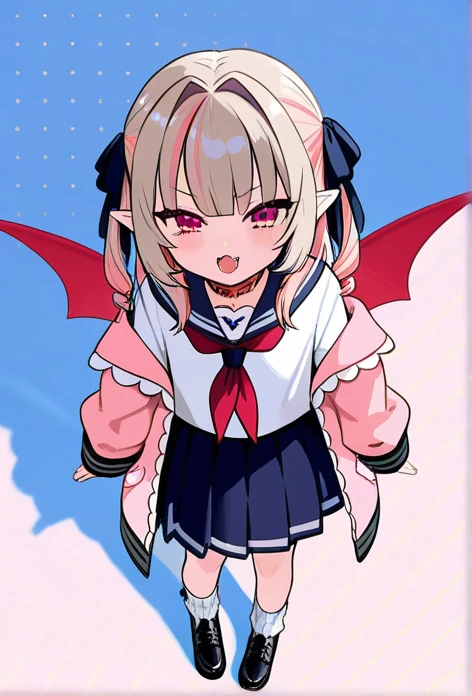 best quality, masterpiece, ultra high res, upper body, 1girl, solo, (makaino ririmu:1.3), demon girl, demon wings, red wings, ahoge, grey hair, multicolored hair, streaked hair, red hair, medium hair, twintails, sidelocks, pointy ears, red eyes, skin fang, red choker, pink jacket, open jacket, white shirt, serafuku, handbag, blue miniskirt, leg tattoo, smile, open mouth, street <lora:hagayuiV2:1>