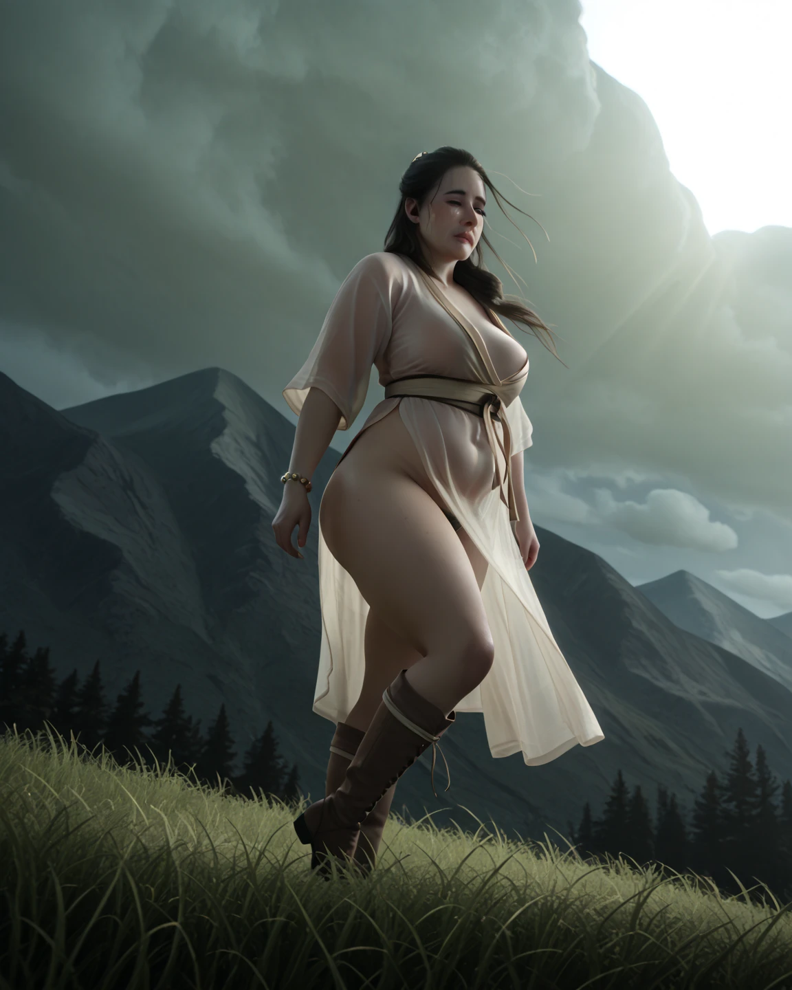 Gemma Arterton, as a beautiful young woman, completely naked, gold ornaments, smiling, standing in a forest, mountains in background, full body image