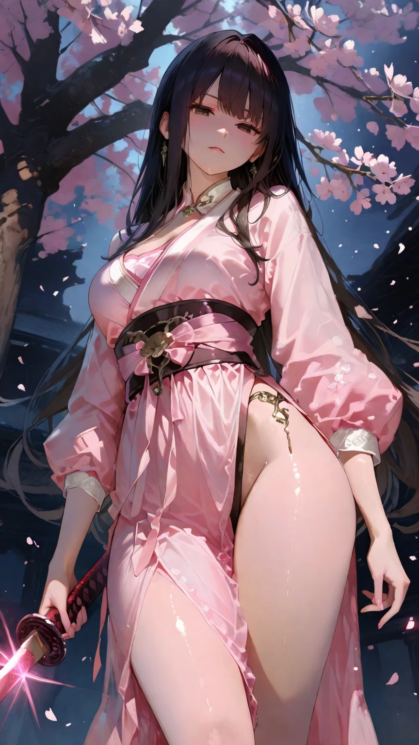 masterpiece, (pink kimono), seductive face, good lighting, low-cut, fine details, masterpiece, girl, black hair, gag, Nezuko Kamado, old twon,night time,moon,masterpiece, best quality, POV, wide hips,
