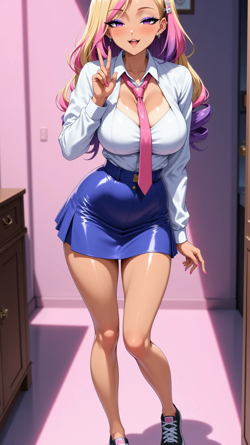 full-body shot, gorgeous woman, short curly blonde hair, pink tartan short skirt, knee high white socks, button up shirt, midriff, cleavage, bow tie, boots, high slit skirt, bubblegum, purple eyeshadow