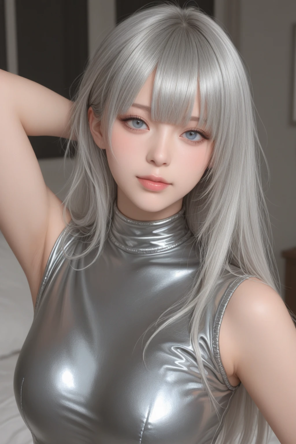 ((highest quality)), ((masterpiece)), perfect face， big breasts，glare backlight, professional studio lighting，silver hair，thin waist，revealing clothing，Bedroom, thin waist,1 boy, penis,