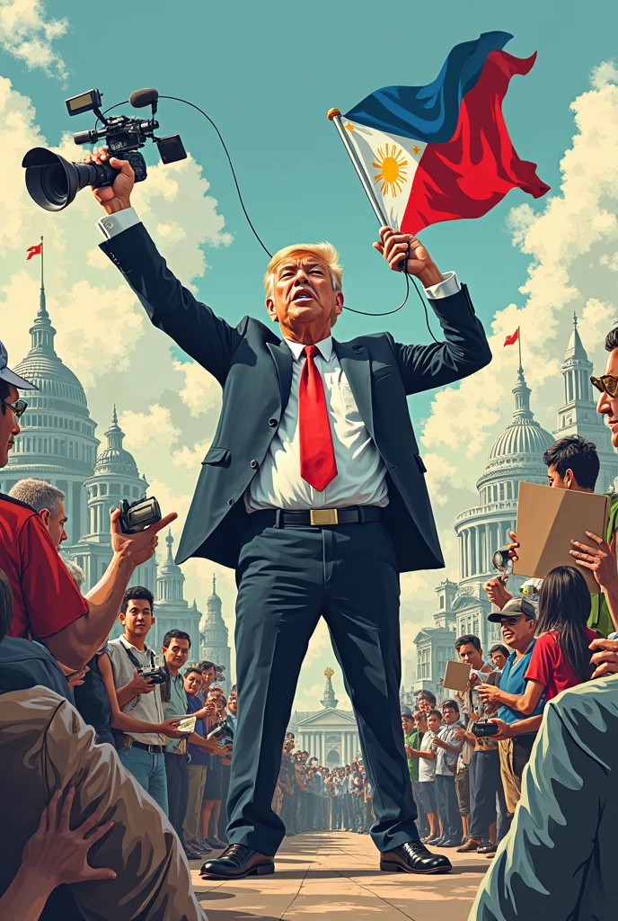 a soviet style propaganda poster showing donald trump holding a bible while standing on a globe. color are vivid and evocative