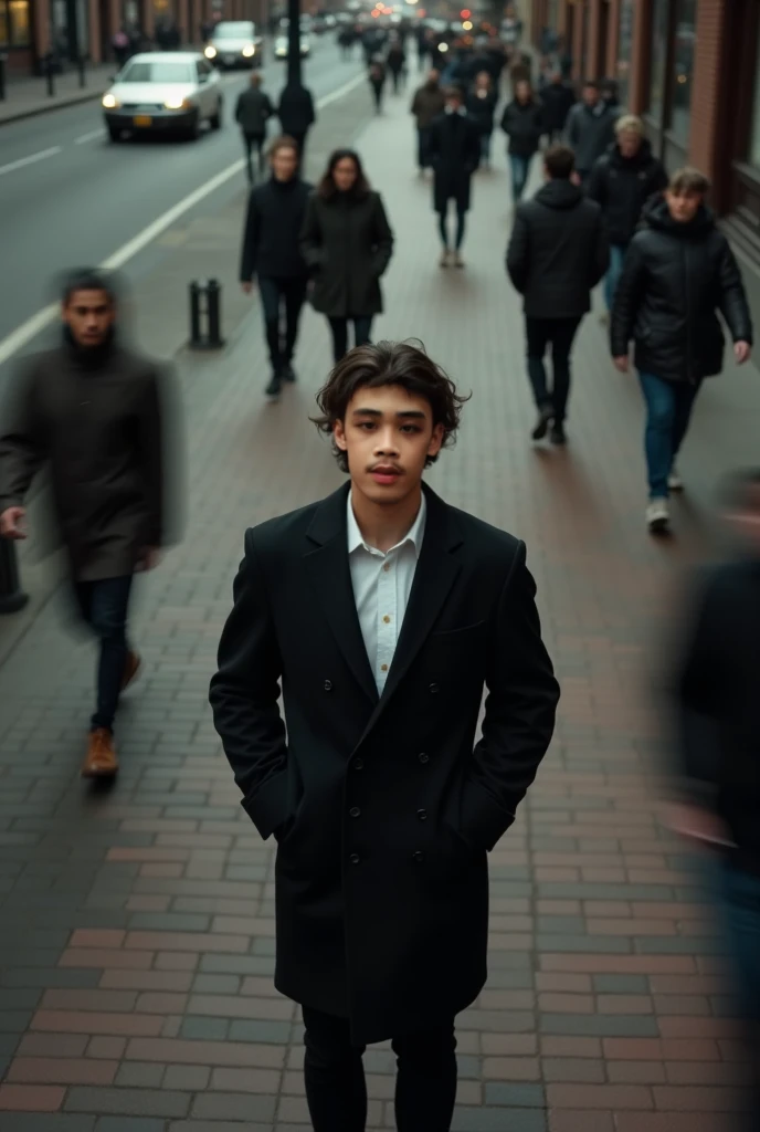 A smart boy walking in the road wearing full set blesser and tie