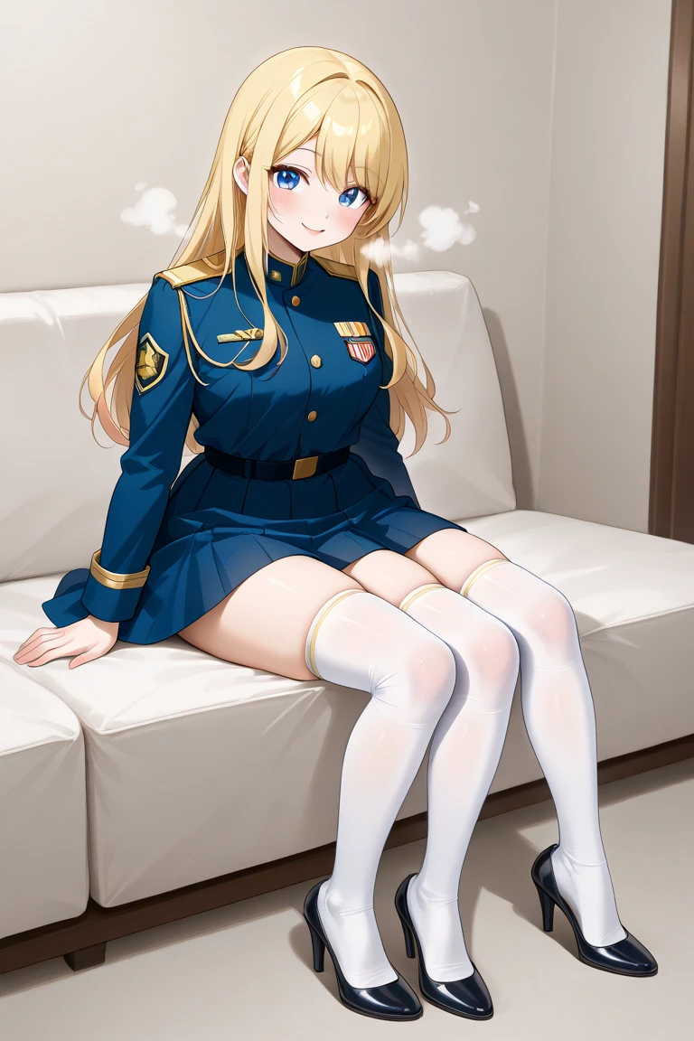 ((highest quality)), ((masterpiece)), (Super detailed), Blonde,Get on the desk,From below,uniform,Short skirt,underwear,（Spread your legs）,loose socks,sit,Glare