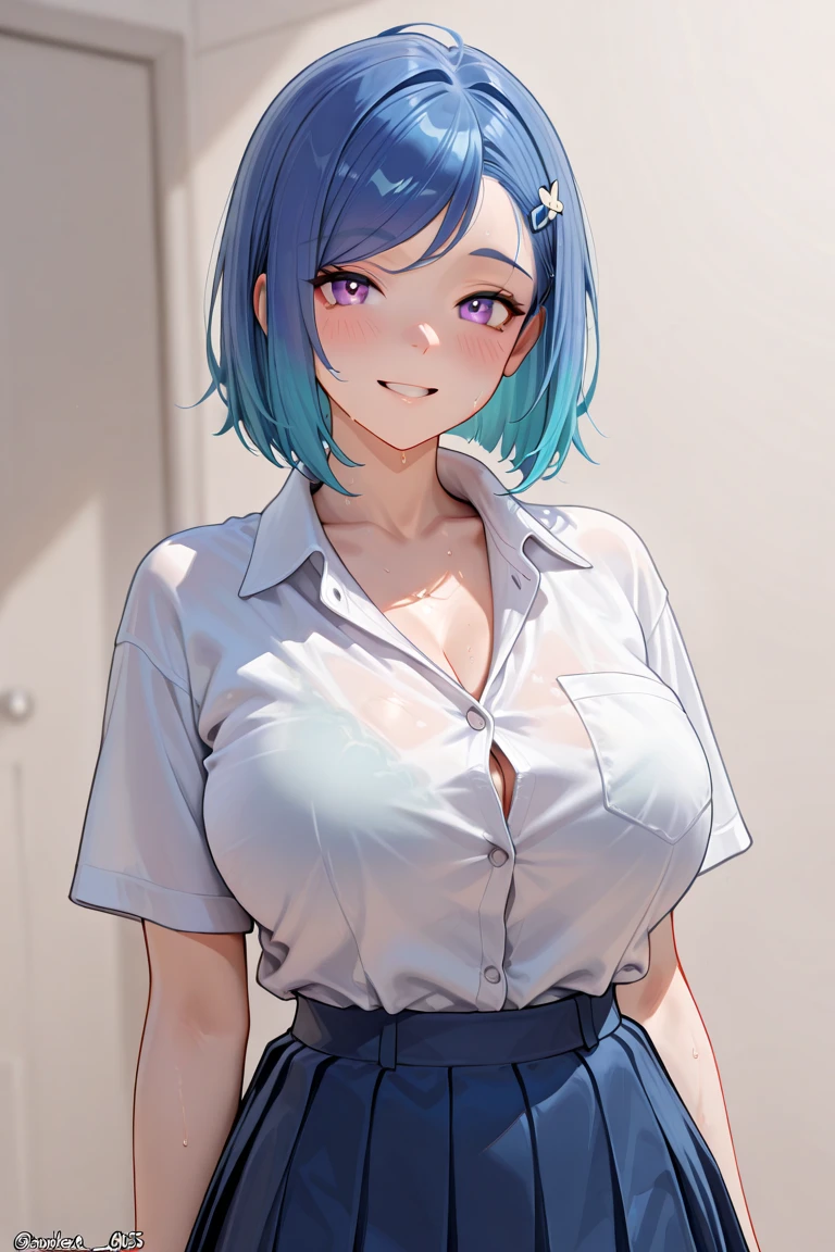 (RAW photo, top quality, masterpiece), (realistic, photoreal), one girl, solo, akane, blue hair, shy, close eyes, black bikini, denim, 3d, realistic, live-action, cg, glowing hair, fluttering hair, shiny skin, smiling, arafed asian woman in blue shirt posing for photo, gorgeous chinese model, short hair, korean girl, Bust shot with chest up, open V breast clothes, gorgeous young Korean woman, Japan goddess, beautiful Korean woman, beautiful asian girl, no glasses, Asian nymph bald goddess, friendly seductive smile, hot with shining sun, beautiful young korean woman