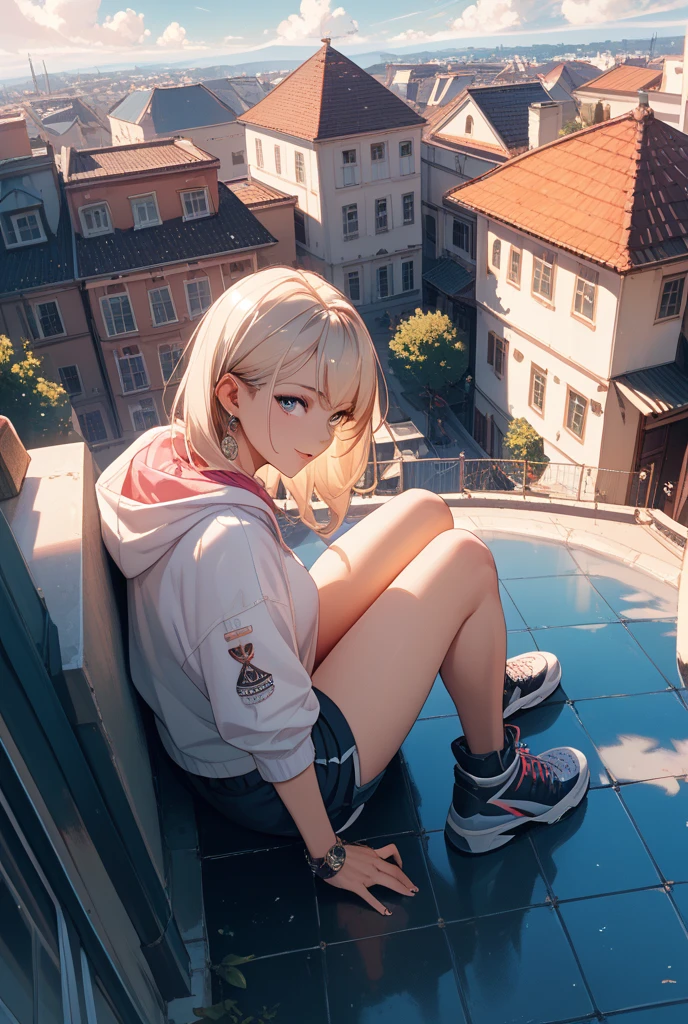 beautiful, (masterpiece:1.2), (best quality:1.2), Beautiful 20-year-old white girl with blue eyes, long swept-back straight blond hair, Happy and posing with peace signs, Pink and white frilly miniskirt, pink shirt, pink socks, white sneakers, California City background, daylight,