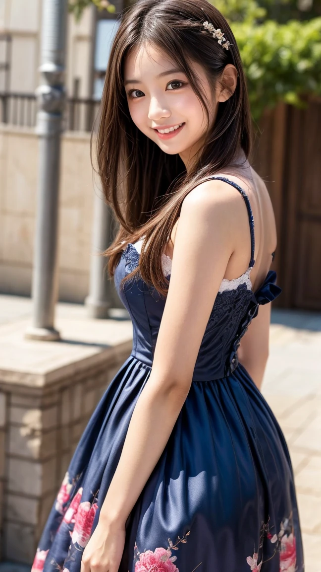 (best quality,absurdres,masterpiece:1.2), 1girl, young, teenager, standing, slim, skinny, tall, feminine, cute outfit, smile, casual, simple frill dress, purple dress, long wavy hair, short sleeve