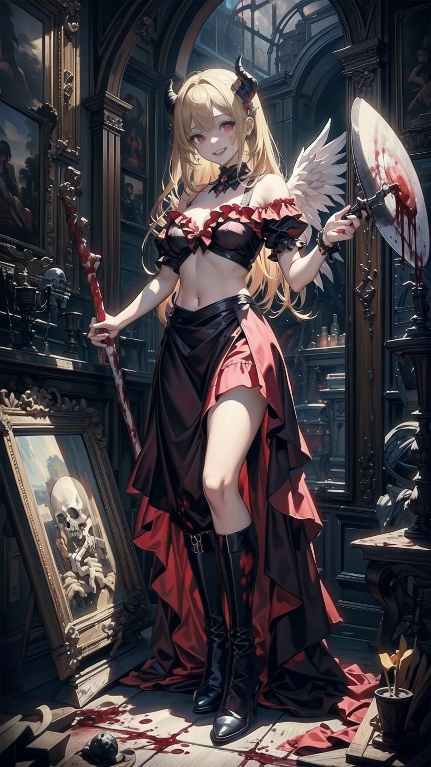official art, 8k wallpaper unit, ultra detailed, Beautiful and Aesthetic, high quality, beautiful, masterpiece, best quality, (zentangle, mandala, tangle, tangle: 0.6), low contrast, a cute sexy seductive slutty girl , lilac, bright pastel colors, kawaii, (Gothic horror, very long platinum white hair, accentuated super huge enormously gigantic breasts, school girl uniform school girl skirt and white thigh high socks), creepy, rabbit skull, goat skull, in hell, creepy, demons, claws, better lighting, beautiful face,