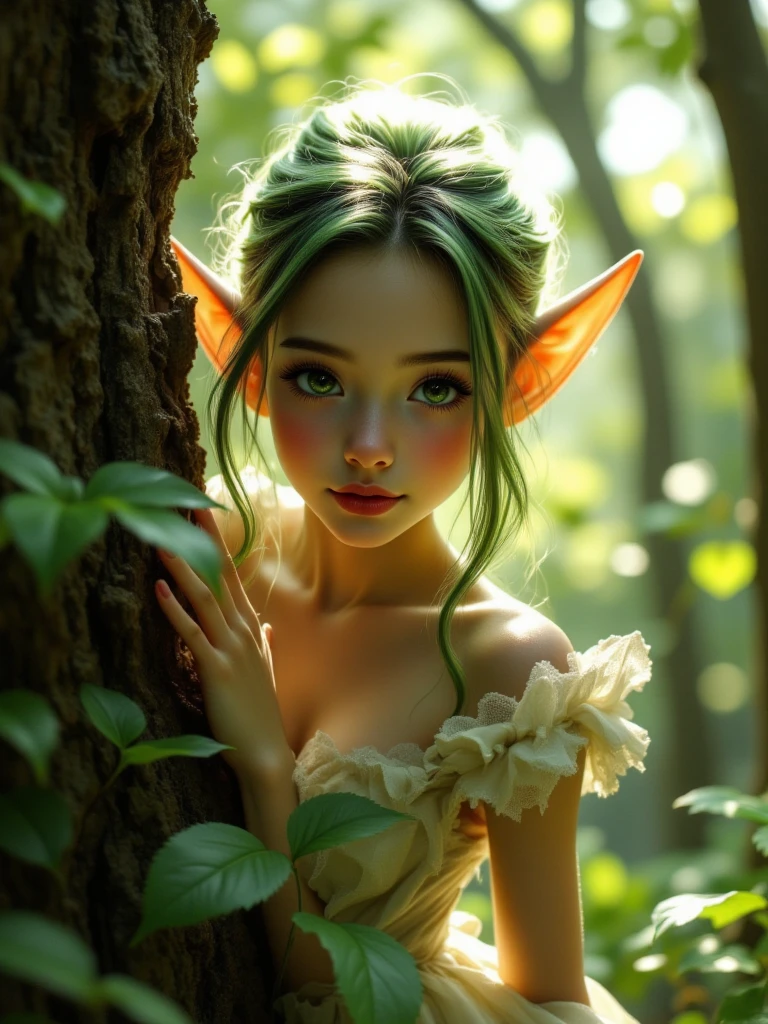 A fairy woman with a baby blue hair, a pair of fairy wings and an elf ears in a mushroom land portrait