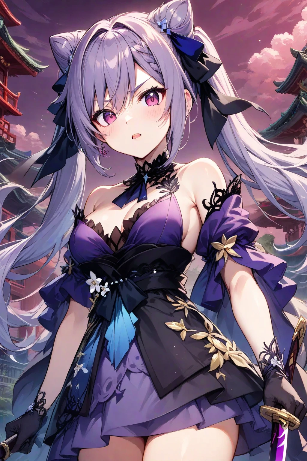 best quality, masterpiece, highres, solo, {keqing_genshin:1.15}, long_hair, purple_hair, purple_eyes, hair_bun, cone_hair_bun, twintails, bangs, double_bun, breasts, hair_ornament, blush, braid, medium_breasts, closed_mouth, 1girl, bare_shoulders, dress, looking_at_viewer, official_alternate_costume, strapless, black_dress, bow, ribbon, strapless_dress, upper_body, cleavage, hair_ribbon