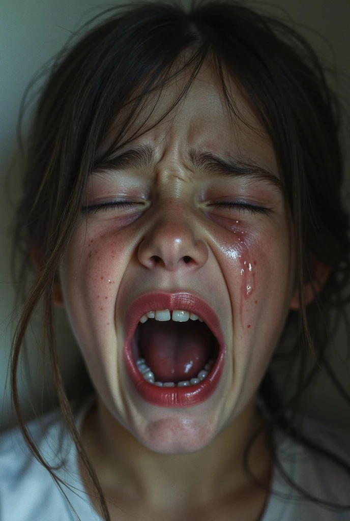 5 years old girl, girl has very young face, looking at the camera, cum dripping from face, girl is very scared, man is holding her mouth, on her knees